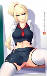 blonde_hair blue_eyes female jacket metroid nintendo panties ponytail samus_aran school_desk school_uniform seducedaway skirt solo white_panties zipper_pull_tab