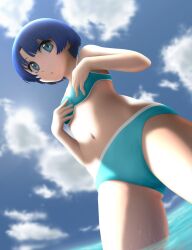 ano_natsu_de_matteru bikini blue_eyes blue_hair cloud commentary_request day female flat_chest from_below highres navel photoshop_(medium) short_hair siraha sky solo swimsuit tanigawa_kanna wading water wet