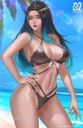 beach big_breasts bikini bikini_bottom bikini_top black_hair black_lipstick blue_eyes blue_hair breasts cleavage eyeshadow goth lipstick looking_at_viewer makeup multicolored_hair nopeys original_character pinup pose posing two_tone_hair