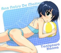 ano_natsu_de_matteru ass ball barefoot beachball bikini blue_hair blush character_name commentary_request copyright_name female green_eyes highres k10k long_legs lying short_hair solo swimsuit tanigawa_kanna trefoil