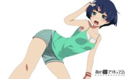 adjusting_hair ano_natsu_de_matteru bare_shoulders bent_over blue_hair camisole commentary_request female green_eyes grey_shorts highres iki_(akunetube) open_mouth short_hair shorts solo tanigawa_kanna tank_top white_background