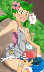 1boy 1girls absurdres accidental_grope apron ash_ketchum bad_link baseball_cap black_hair blush breast_grab breast_press breasts_out censored dark_skin embarrassed face_in_crotch falling flower_in_hair game_freak grabbing_breast green_eyes green_hair japanese_text mallow_(pokemon) medium_breasts nose_blush one_breast_out open_mouth pokemon pokemon_sm sarujie_(broken_monky) speech_bubble spiky_hair text translation_request twintails z-crystal z-ring