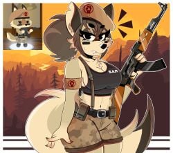 anthro big_breasts breasts clothing female furry gun military super_animal_royale tagme wireless_shiba wolf