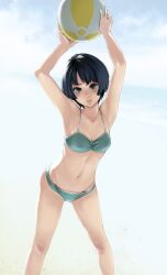 ano_natsu_de_matteru armpits arms_up ball beachball bikini black_eyes black_hair commentary_request female hanamura painttool_sai_(medium) short_hair solo swimsuit tanigawa_kanna