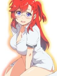 ano_natsu_de_matteru bangs between_legs blue_eyes blush breasts cleavage commentary_request duke_(inu_daimyou) female glasses hand_between_legs large_breasts long_hair looking_at_viewer one_side_up open_mouth photoshop_(medium) red_hair rimless_eyewear round_eyewear short_sleeves sitting smile solo takatsuki_ichika v_arms wariza