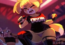 2022 2girls aggressive_retsuko animal_crossing animated anthro bethesda_softworks big_breasts black_shirt breasts crossover dog doom female female_only gif isabelle_(animal_crossing) karaoke karaoke_room meme microphone nintendo panties red_panda retsuko sanrio singing skeleion smooth_fur thick_thighs thighhigh_socks