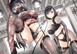 2girls black_bra black_hair black_high_heels blue_eyes bow_in_hair bra breasts choker dominatrix epicary_radz femdom femsub garter_belt garter_straps gloves high_heels hitachi_magic_wand holding_whip large_breasts latex mask medium_hair multiple_girls panties purple_eyes rope rope_between_breasts rope_bondage slave strapless_bra vibrator vibrator_in_pussy wand_vibrator whip yuri zipper zipper_panties zipper_pull_tab