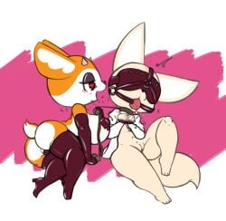 aggressive_retsuko anthro anthro_on_anthro ass ball_gag big_breasts blindfold bondage breasts canid cervid dominant dominant_female female female/female femdom fennec fenneko fox gag gagged genitals mammal nipple_tape pasties pussy sanrio submissive submissive_female tape tsunoda vono yuri