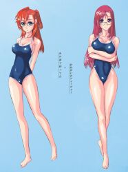 2girls ano_natsu_de_matteru barefoot blue_eyes breasts commentary_request competition_school_swimsuit creator_connection crossover glasses kazami_mizuho large_breasts long_hair medium_breasts multiple_girls nenchi one-piece_swimsuit onegai_teacher photoshop_(medium) red_hair school_swimsuit swimsuit takatsuki_ichika