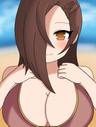 1girls alternate_costume beach bikini blush breasts brown_bikini brown_eyes brown_hair brown_swimsuit cleavage days female female_only fire_emblem fire_emblem_fates hair_over_one_eye kagero_(fire_emblem) large_breasts long_hair looking_at_viewer nintendo ocean outdoors smile solo swimsuit