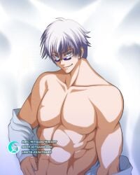 1boy black_glasses jujutsu_kaisen looking_over_eyewear looking_over_glasses looking_over_sunglasses male male_only mitgard-knight purple-tinted_eyewear satoru_gojo sunglasses tinted_eyewear white_hair