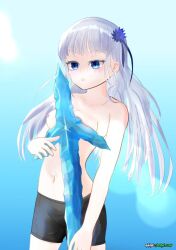 1girls blue_background blue_eyes blue_theme breasts female female_only ice ice_sword_(object) isekai_ojisan lsm/leon mabel_laybelle medium_breasts shorts solo sword topless white_hair