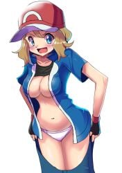 1girls 2022 amourshipping ash_ketchum ash_ketchum_(cosplay) big_breasts blonde_hair blue_eyes blush breasts canon_cosplay collarbone cosplay fingerless_gloves game_freak gloves hat hourglass_figure navel open_clothes open_mouth panties paraiso551 pokemon pokemon_xy pulling_up_pants serena_(pokemon) short_blonde_hair short_hair white_background