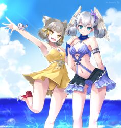 2girls animal_ears aqua_eyes bangs bare_shoulders belly belly_button bikini bikini_top bird_wings blue_eyes blunt_bangs breasts cat_ears catgirl chest_jewel crossover day daytime dress dress_swimsuit fangs female frills gem grey_hair hair_ornament hair_ribbon head_wings jewel jewelry kuro_(be_ok) looking_at_viewer melia_antiqua midriff multiple_girls navel nia nia_(xenoblade) nintendo o_ring ocean open_mouth outdoors outside panties ribbed_swimsuit ribbon ribbons short_hair silver_hair sky small_breasts smile smiling smiling_at_viewer stomach swimsuit swimwear water white_hair wings xenoblade_(series) xenoblade_chronicles xenoblade_chronicles_2 yellow_eyes yellow_swimsuit