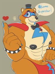 1boy abs anthro areola bara biceps big_bulge big_nipples big_penis bodypaint bow_tie brown_body brown_fur bulge clothing dialogue ear_piercing ear_ring english_text eyebrows face_paint five_nights_at_freddy's five_nights_at_freddy's:_security_breach fur genitals glamrock_freddy_(fnaf) glitchedweasel hat headgear headwear heart hi_res male male_only mammal muscular muscular_anthro muscular_male nipples one_eye_closed pecs penis piercing poking_out pubes ring_piercing scottgames simple_background smile solo speech_bubble tan_body tan_fur teeth text top_hat ursid video_games wink