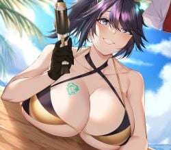 1girls beach big_breasts bikini blush breast_tattoo breasts_focus cat_ears fingerless_gloves huge_breasts karasu_(xejx7378) kson_onair light-skinned_female looking_at_viewer purple_hair tattoo virtual_youtuber vshojo