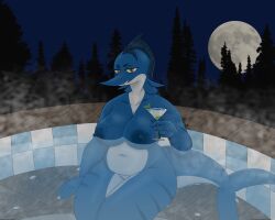 alcohol anthro beverage big_breasts billfish blue_body breasts cocktail female fish hi_res hot_tub humanoid istiophoriform karinfysh marine martini overweight slightly_chubby smile smirk solo steam swordfish wide_hips