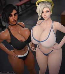 2girls 3d 3d_(artwork) abs alternate_breast_size angela_ziegler areola_slip areolae blender breasts calvin_klein dark-skinned_female dark_skin enormous_breasts female female_only gym huge_breasts light-skinned_female mercy muscles muscular muscular_female nipples_visible_through_clothing overwatch pharah shadowboxer top_heavy