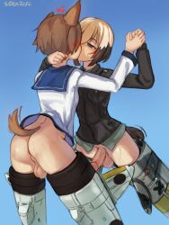 2futas animal_ears artist_name ass balls big_penis black_hair black_shirt blue_background blue_eyes blush bottomless breasts brown_hair clothed clothing commentary cowboy_shot dog_ears dog_girl dog_tail duo english_commentary erection erica_hartmann futa_on_futa futa_only futa_sans_pussy futa_with_futa futanari half-closed_eyes heart highres holding_hands humanoid humanoid_penis kemonomimi kissing light-skinned_futanari light_skin long_sleeves miyafuji_yoshika multicolored_hair multiple_girls no_panties no_pants partially_clothed penis seraziel shirt short_hair simple_background small_breasts standing streaked_hair strike_witches striker_unit sweat tail testicles uncensored veins veiny_penis white_shirt world_witches_series