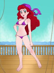 bandana bikini captain_syrup curly_hair female female_only long_hair makeup mario_(series) nintendo pirate pirate_ship red_hair rodjim ship ship_deck solo standing swimsuit teasing wario_(series) wario_land wooden_floor