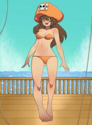 barefoot bikini brown_hair feet female female_only guilty_gear long_hair may_(guilty_gear) orange_eyes pirate pirate_hat pirate_ship ship ship_deck solo standing swimsuit toes wooden_floor