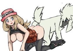 ass_to_ass blue_eyes blush breasts brown_hair canid canine doggy_style female_human feral_on_female feral_on_human feral_penetrating furfrou game_freak hat human interspecies knotting mating_tie nipples nivi no_panties on_fours pokemon pokemon_xy pokephilia pussy_juice pussy_juice_drip serena_(pokemon) tights vaginal_knotting vaginal_penetration zoophilia