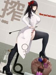 1boy 1girls anal_beads anal_insertion backsack bar_censor big_breasts black_hair black_high_heels black_legwear breasts censor_bar censored censored_penis cum_request datsuma69 english_text femdom high_heels legwear male_anus male_penetrating malesub milking_machine red_ribbon ribbon text whip