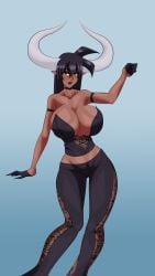 1girls black_hair cow_girl cow_horns dark-skinned_female horns huge_breasts lipstick mai_(supernova) solo_female supernova_(artist) yellow_eyes