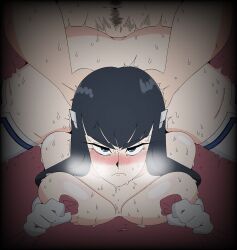 1boy 1girls ass bed big_ass black_hair blue_eyes blush breasts clutching_sheets colored doggy_style duo edit face_down_ass_up female from_behind from_behind_position front_view functionally_nude functionally_nude_female gloves gonzalo_costa kill_la_kill kiryuuin_satsuki long_hair looking_at_viewer male nude pani penetration secretly_loves_it sex sheet_grab sheets stockings straight_face sweat sweatdrop tsundere wide_hips