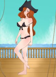 1girls alternate_eye_color bikini female female_only league_of_legends long_hair miss_fortune one_leg_up pirate pirate_hat pirate_ship red_hair ship ship_deck solo solo_female standing swimsuit wooden_floor