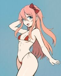 almost_naked bikini blue_eyes bow doki_doki_literature_club just_sayori long_hair looking_at_viewer looking_to_the_side open_mouth orange_hair peach_hair red_bikini red_bikini_bottom red_bikini_top red_bow saltdrawyou sayori_(doki_doki_literature_club)