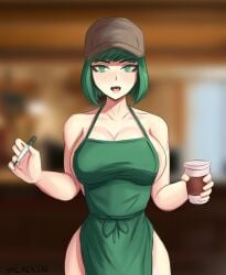 1girls apron apron_only barely_clothed big_breasts blush blush_lines breasts cleavage cup ela_(rainbow_six) female female_focus female_only full_color green_eyes green_hair hourglass_figure i_mean_breast_milk iced_latte_with_breast_milk looking_at_viewer marker meme meme_attire mostly_nude polish rainbow_six rainbow_six_siege short_hair slackin ubisoft xaviergalaxy