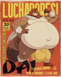 absurd_res anthro balls big_balls canid canine genitals hi_res hyper luchador male mammal overweight raccoon_dog solo tanuki thewilldpink wrestler