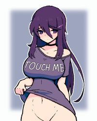 1girls bottomless choker doki_doki_literature_club female hair_ornament hairclip large_breasts lewd_text lifting_shirt long_hair looking_at_viewer looking_to_the_side navel no_panties no_pants purple_eyes purple_hair purple_shirt saltdrawyou shirt shirt_lift text text_on_shirt white_text yuri_(doki_doki_literature_club)