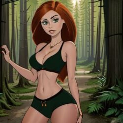 1girls ai_generated audiostick belly_button booty_shorts breasts cartoony cleavage detailed_background disney disney_channel female female_only forest green_eyes human kim_possible kimberly_ann_possible long_hair looking_at_viewer medium_breasts necklace orange_hair seductive seductive_smile solo stable_diffusion tank_top tree wide_hips