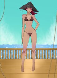 bikini borderlands borderlands_2 captain_scarlett dark-skinned_female dark_skin eyepatch female female_only pirate pirate_hat pirate_ship red_hair ship ship_deck solo standing swimsuit wooden_floor