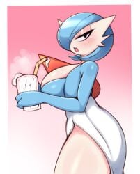 anthro big_breasts blue_hair blush breast cum cum_drinking cum_in_container cum_in_glass eyelashes female female_pokemon game_freak gardevoir looking_at_viewer patreon pokémon_(species) pokemon pokemon_(species) saltyxodium shiny_gardevoir shiny_pokemon thick_ass thick_thighs white_skin