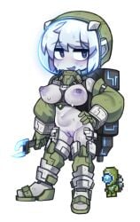 alien bangs black_eyes boots breasts colored_skin contrapposto creature_and_personification detached_sleeves female full_body gloves green_gloves green_sleeves grey_hair grey_skin hand_on_hip holding holding_wrench large_breasts long_sleeves martian_engineer nipples no_nose nyong_nyong personification short_hair simple_background solo standing terraria thigh_boots white_background wrench