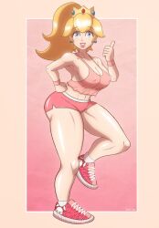 armpits beg4cake blonde_hair blue_earrings blue_eyes bottomwear breasts crown earrings fit fit_female light-skinned_female light_skin mario_(series) nintendo nipple_bulge pink_bottomwear princess_peach shoes smiling sports_bra sportswear thick_thighs thighs thumbs_up voluptuous