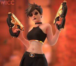 1girls 3d belt blender brown_hair clothed clothing eyewear female female_focus female_only firearm glasses gun handgun holding_weapon human light-skinned_female light_skin lipstick neckwear overwatch pale_skin pose posing sunglasses tinted_eyewear tracer watermark weapon wicc26