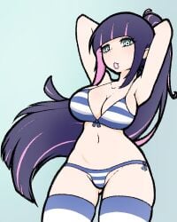 blue_bra blue_eyes blue_panties blue_stockings blue_striped_bra blue_striped_panties goth hair_tie multicolored_hair panties panty_&_stocking_with_garterbelt pink_hair ponytail purple_hair saltdrawyou stocking_anarchy stockings striped_bra striped_panties tying_hair