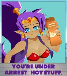 arrest bikini_top blue_eyes bottle coppertone dark-skinned_female dark_skin earrings female female_only gold_jewelry jewelry killer_lotion long_hair lotion lotion_bottle ponytail purple_hair shantae shantae_(character) ship_deck smug solo sunscreen text upper_body