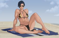 1girls beach bikini black_hair cameltoe erogon female female_only fit fit_female glasses light-skinned_female light_skin looking_at_viewer original original_character short_hair solo solo_female solo_focus spread_legs sunglasses tinted_eyewear