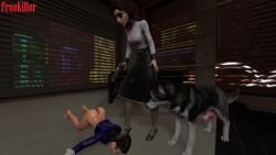 3d at_gunpoint bioshock bioshock_infinite dog_penis dress elizabeth_comstock foot_on_head freekiller heels husky naked pistol skirt