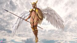 1girls 2022 3d angel_wings armor bikini_armor boots clothed clothing fantasy female female_only gold_(metal) gold_armor gold_heels gold_panties high_heel_boots high_heels holding_object holding_shield holding_spear holding_weapon jojozz levitation mask panties pinup sky slushe_(website) solo solo_female valkyrie wings