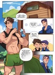 2boys alex_(stardew_valley) bara blush brown_hair bulge clothed clothing comic english_text gay kaito_draws male_only muscular muscular_male purple_hair shane_(stardew_valley) shorts speech_bubble stardew_valley yaoi