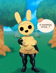 ... animal_crossing anthro areola armwear big_breasts breasts brown_areola brown_nipples clothing coco_(animal_crossing) empty_eyes english_text exhibitionism female genitals gyroid hand_on_hip hi_res lagomorph legwear leporid looking_at_viewer mammal navel nipples nude open_mouth plant pnintendo pussy question_mark rabbit solo somescrub speech_bubble tan_body text thick_thighs thighhighs tree video_games