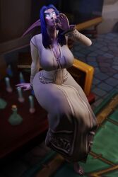 1girls breasts clothing elf female female_only fully_clothed huge_breasts imminent_transformation large_breasts night_elf pointy_ears potion purple_skin sitting solo solo_female thick_thighs transformation vanasmut voluptuous wide_hips world_of_warcraft