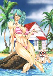 alternate_breast_size big_breasts bikini_bottom bikini_top blue_hair bulging_breasts bulma curvaceous curvy_body curvy_females curvy_figure dragon_ball ed_benes_studio ednardo_ferreira female_focus female_only master_roshi milf thong toei_animation voluptuous_female