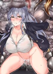 1girls 1monster animal blush bottomless braid breasts cleavage coat cum cum_inside female granblue_fantasy interspecies large_breasts light-skinned_female light_skin long_hair navel okasira_(okasira4545/superkurounmo) penis sex silva_(granblue_fantasy) silver_hair sweat yellow_eyes